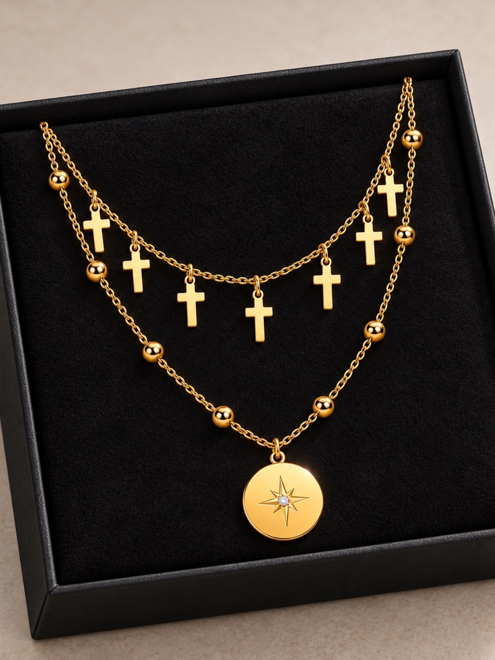 Waterproof Gold Silver Layered Cross & Compass Pendant Necklace for Women